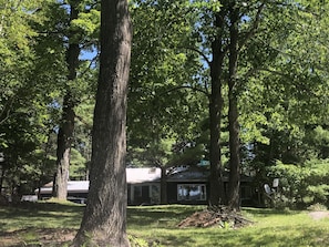 A building surrounded by trees with a grassy area in front. - Lake Rosseau peace and Serenity  (Rosseau)