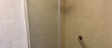 A bathroom with a glass-enclosed shower, a toilet, and a grab bar.