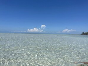 Een helder uitzicht op een strand met ondiep water en land in de verte.