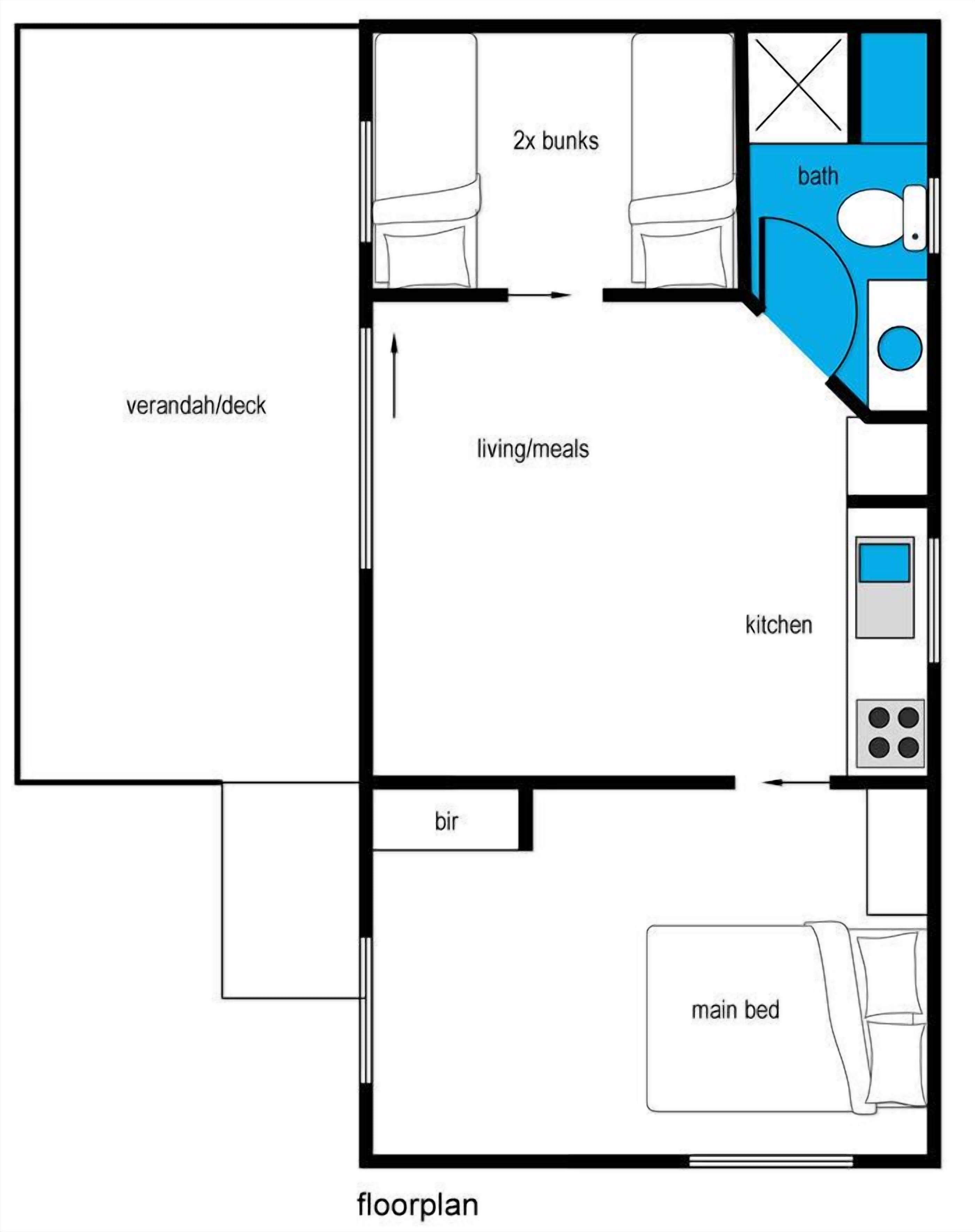 A floor plan with a main bed, a kitchen, a living/meal area, a bathroom, and a verandah/deck.