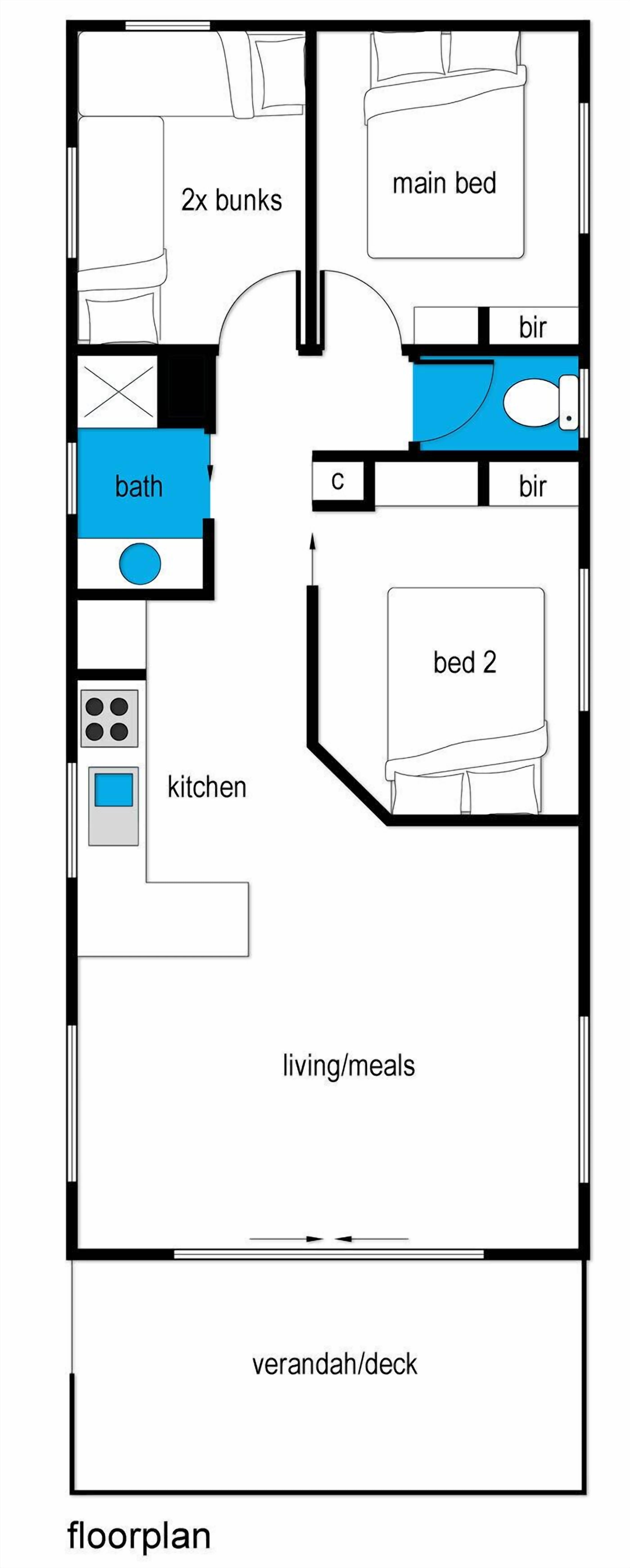 A floor plan with a main bed, two bunks, a bathroom, a kitchen, and a living area.