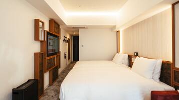 Down duvets, laptop workspace, blackout curtains, soundproofing