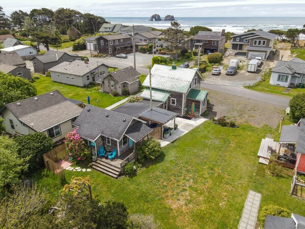 A residential area with houses, a driveway, and a view of the ocean.