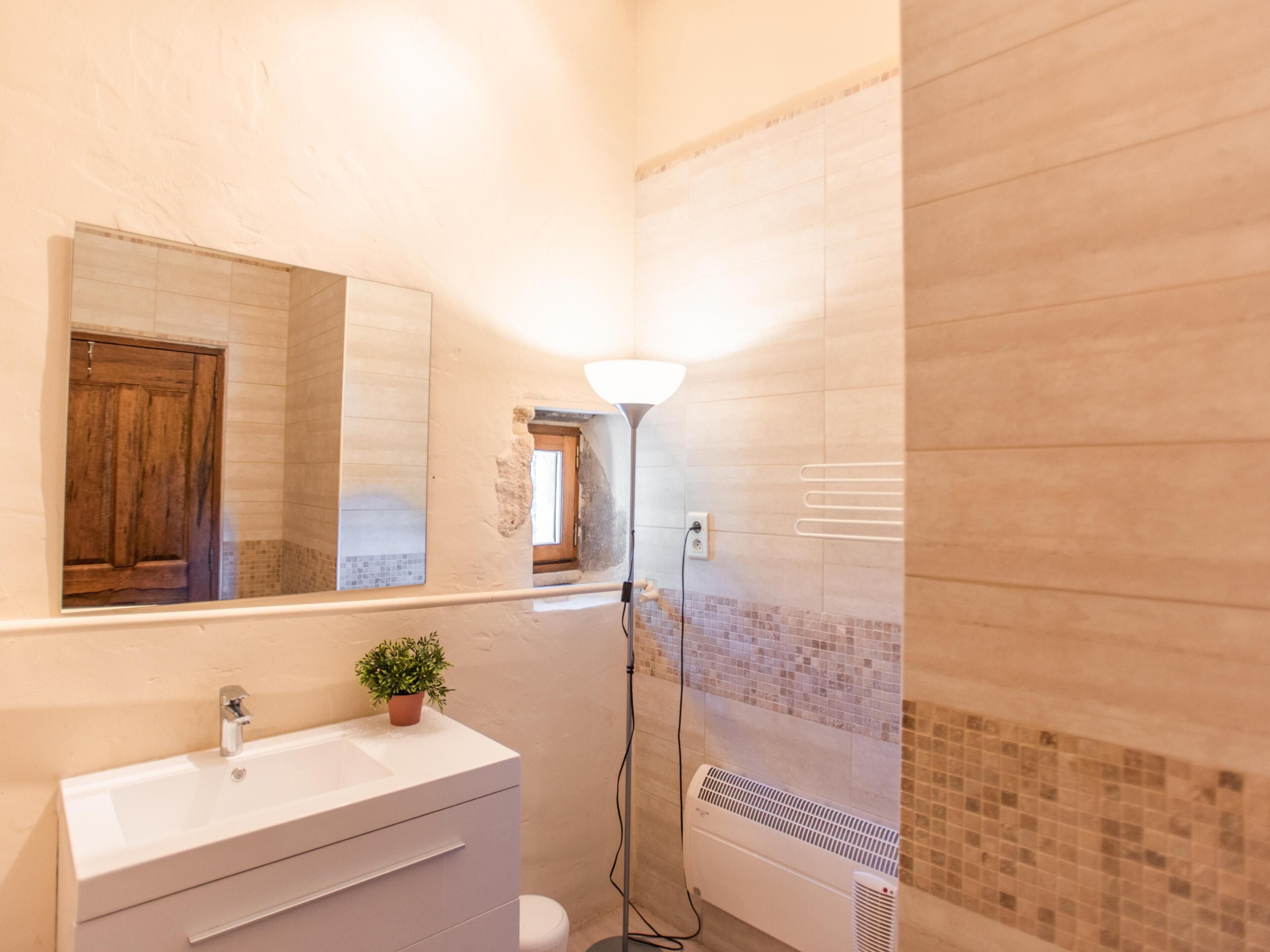 Une salle de bain avec un lavabo blanc, un miroir et une plante en pot. On y trouve également un porte-serviettes et une fenêtre donnant sur l’extérieur.