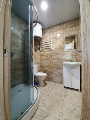 A bathroom with a glass-enclosed shower, a toilet, and a sink with a mirror above it.