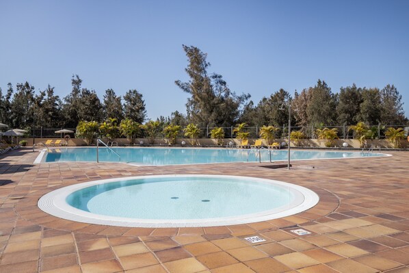 Una piscina con borde de baldosas, rodeada de árboles y tumbonas.