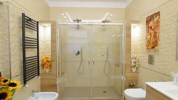 Shower, hair dryer, bidet, towels