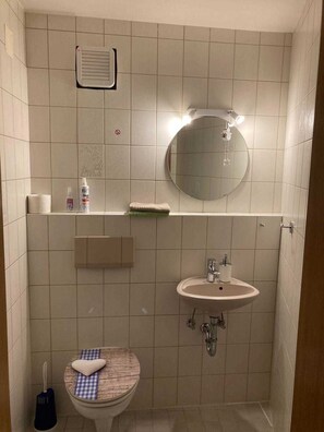 Hair dryer, towels, soap, toilet paper