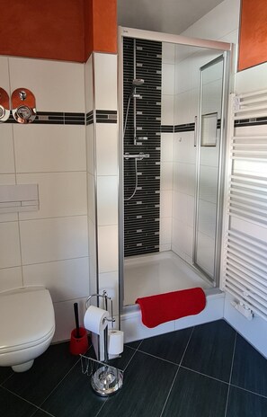 Dusch, hårtork, handdukar och tvål