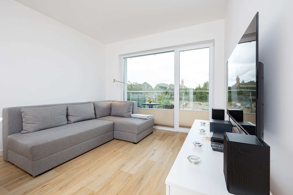 Bright living room with a comfortable sofa