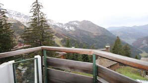 Un balcon offrant une vue sur des montagnes enneigées et une vallée boisée.