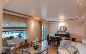 Design Villa | Living area | 42-inch Smart TV with digital channels, TV, fireplace - Danai's Secluded Paradise - Azure Coastal Dreams (Kassandra)