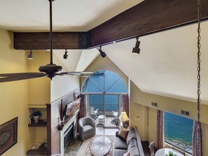 TV, fireplace - Edgewater 354 |Top-Floor 2BR Condo | Pool, Hot Tub, Sauna | Sleeps 6 (Charlevoix)