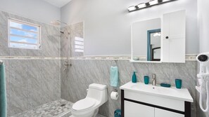 Un baño moderno con ducha, inodoro, lavabo y un espejo sobre el lavabo.