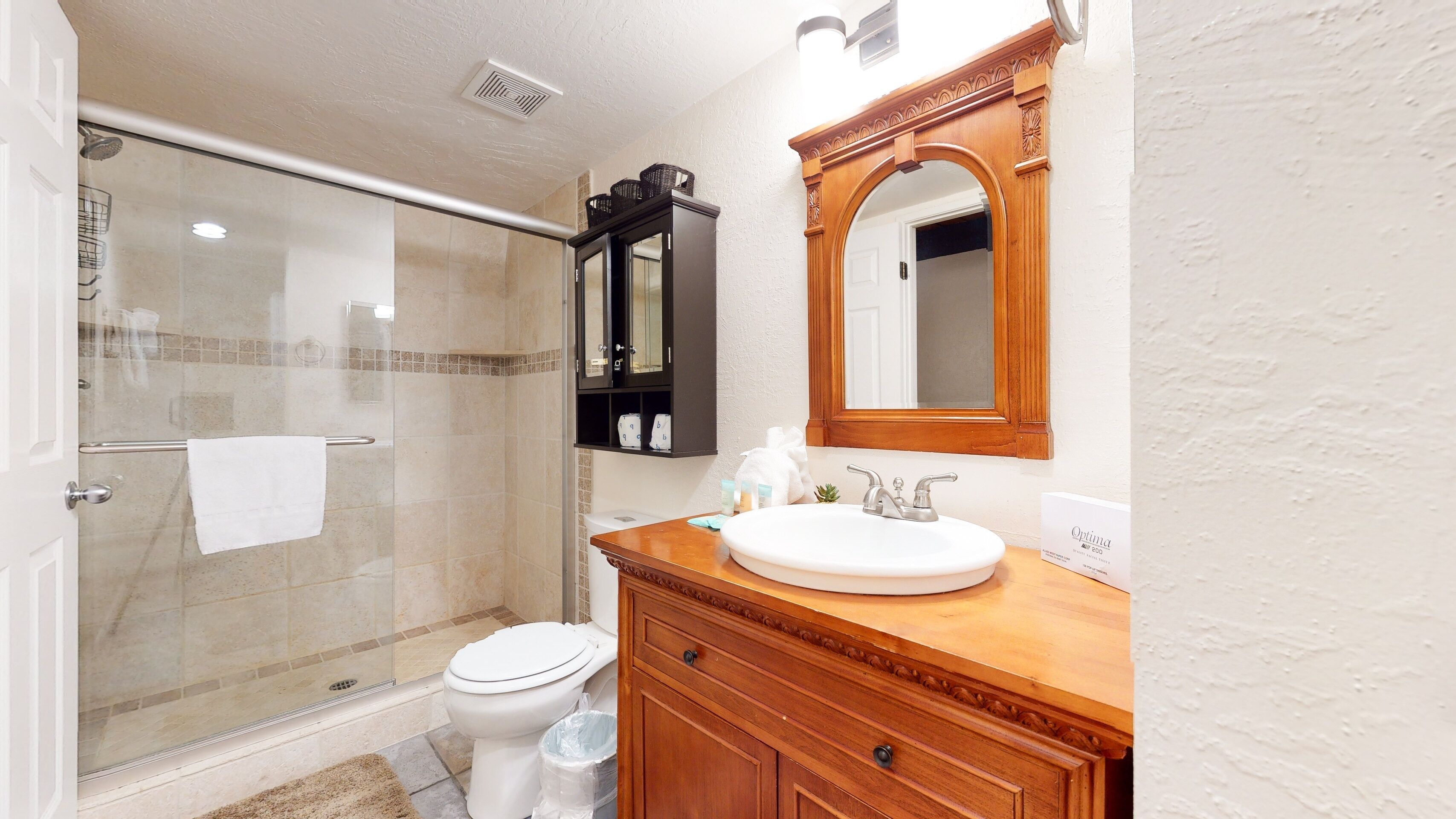 A bathroom with a glass shower enclosure, a toilet, a vanity with a sink, and a mirror.