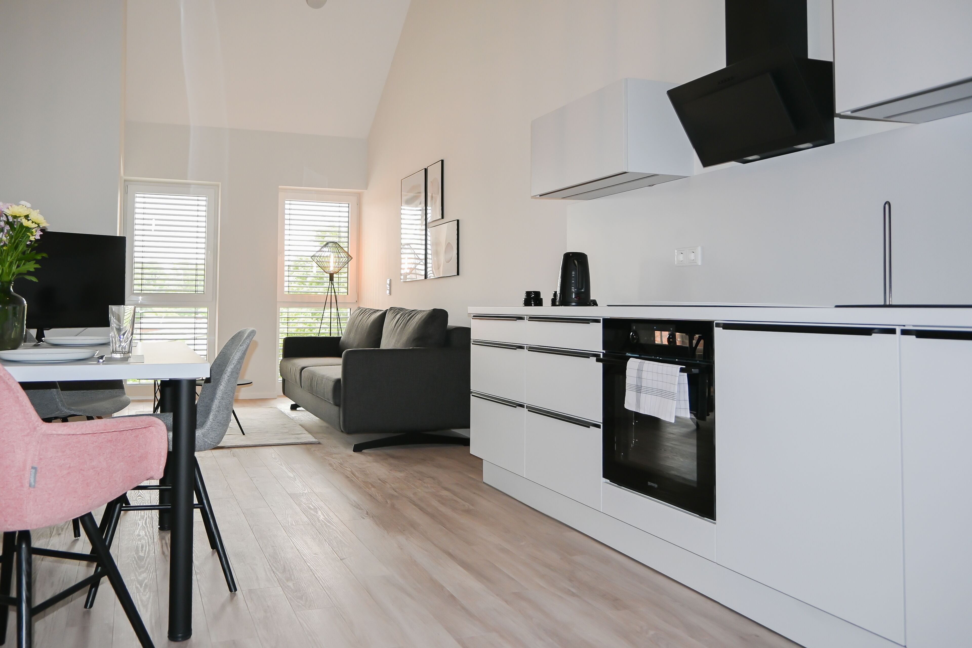 Fridge, stovetop, dishwasher, coffee/tea maker