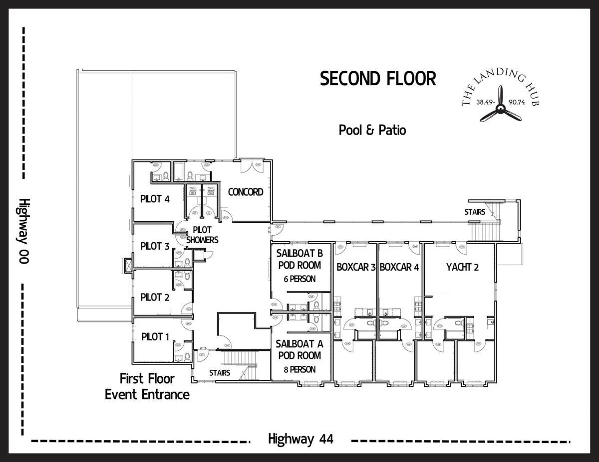 Plano de planta de un hotel con piscina y zona de patio en el segundo piso, que incluye habitaciones como Sailboat A y B, Boxcar 3 y 4, y Yacht 2.