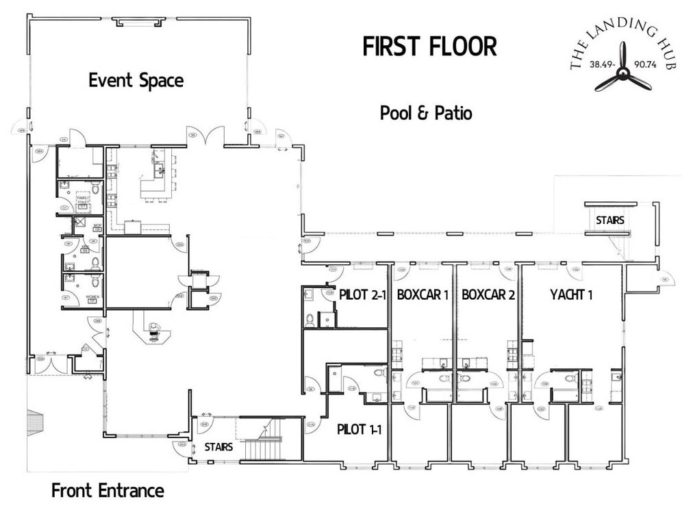 A floor plan of a hotel with an event space, pool & patio, and multiple rooms including two pilot rooms, two boxcars, and a yacht room.