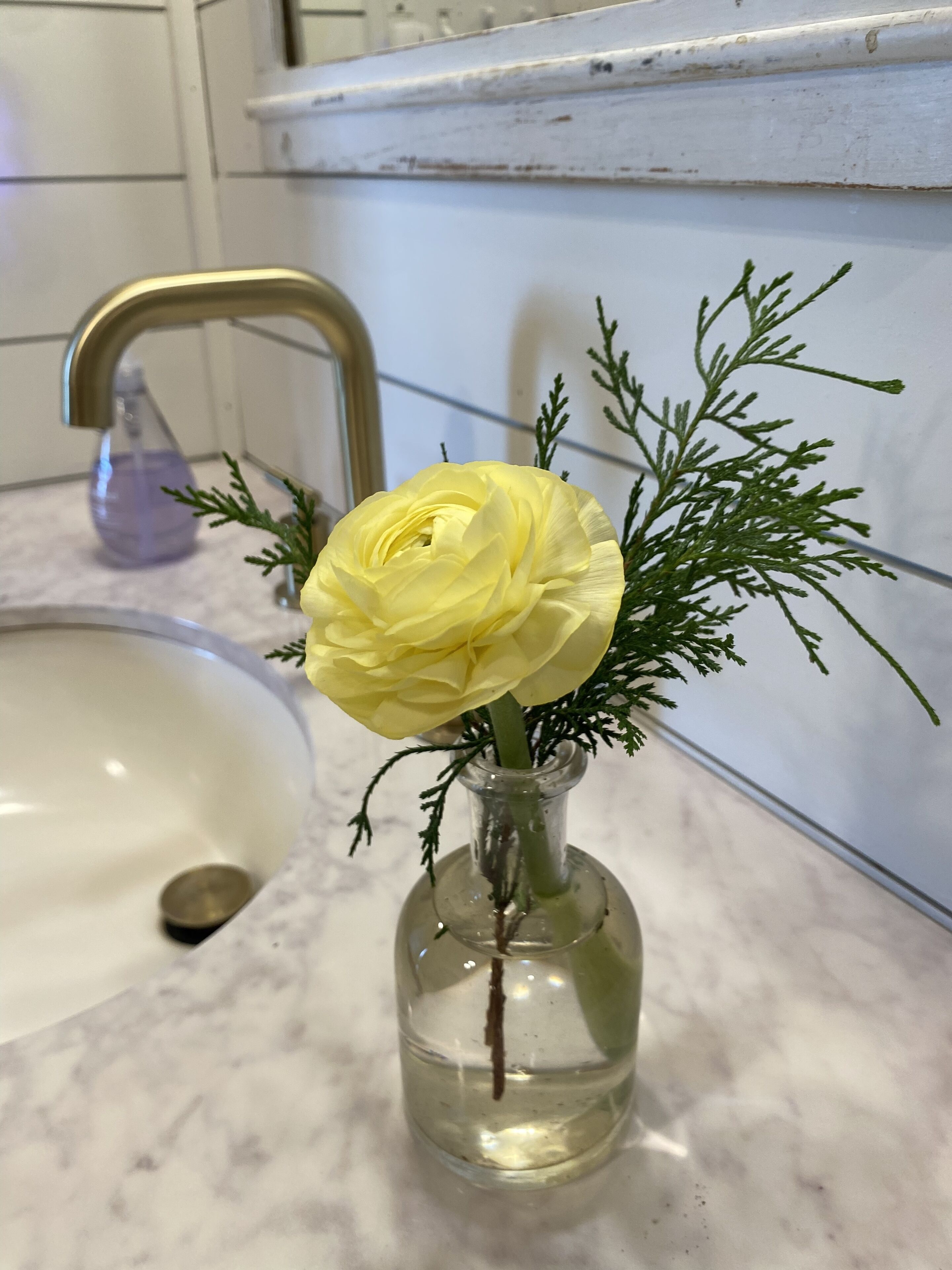 Una flor amarilla en un florero de vidrio transparente sobre una encimera de mármol.