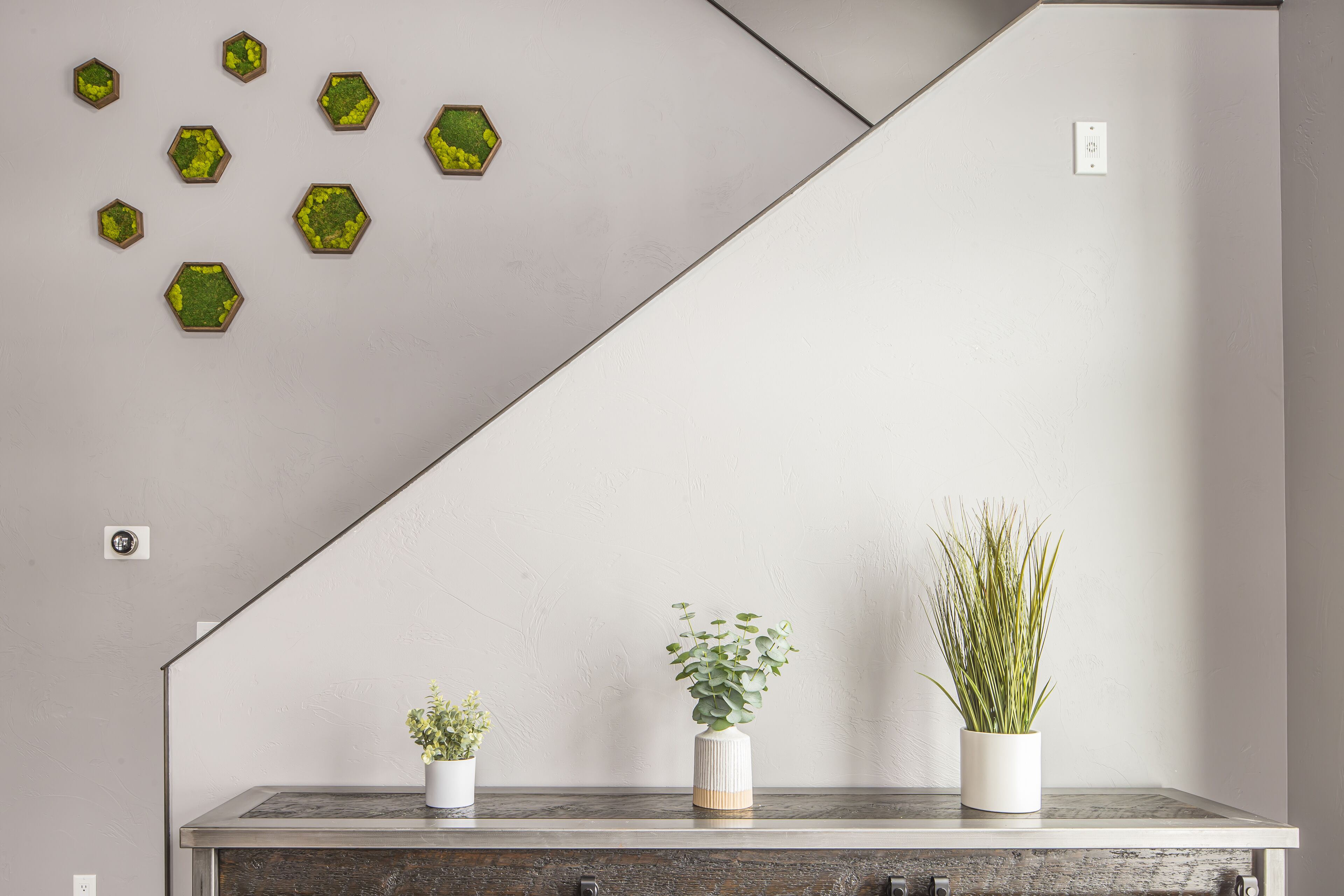 A modern interior with a geometric wall design, a wooden bench with potted plants, and a minimalist aesthetic.