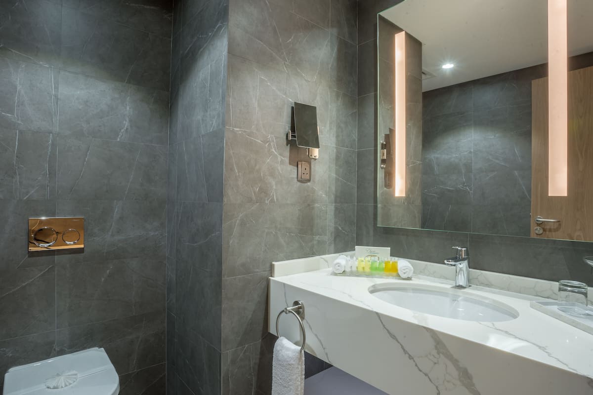 executive suite, 1 king bed with sofa bed (efficiency) | bathroom | shower, rainfall showerhead, free toiletries, hair dryer