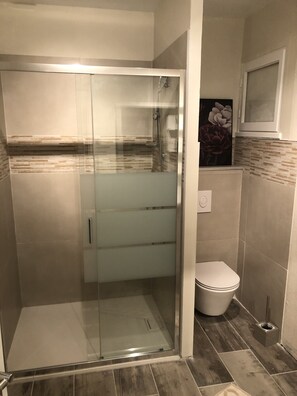 Shower, hair dryer, towels, toilet paper