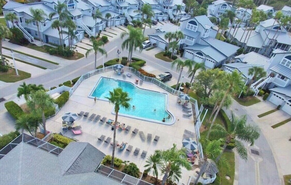 A residential area with a swimming pool surrounded by palm trees and houses.