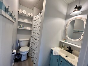 A bathroom with a toilet, a sink, a mirror, and a shower curtain. - JOMO - Unit 2 TriTerrace *Relax Lakefront *Enjoy Fam (Rocky Mount)