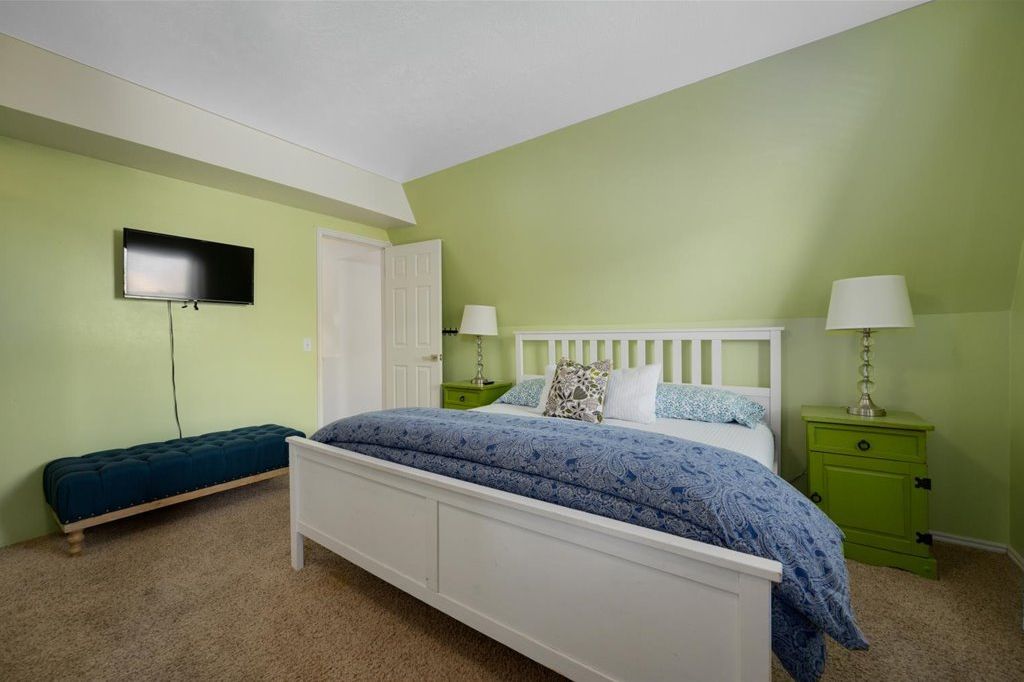 Green bedroom with a queen bed and TV
