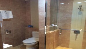 Un baño con ducha envuelta en vidrio, un inodoro y un lavabo.