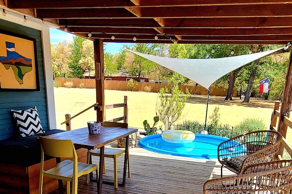 Private deck with seating for 6 and 8' diam seasonal stock tank plunge pool💦