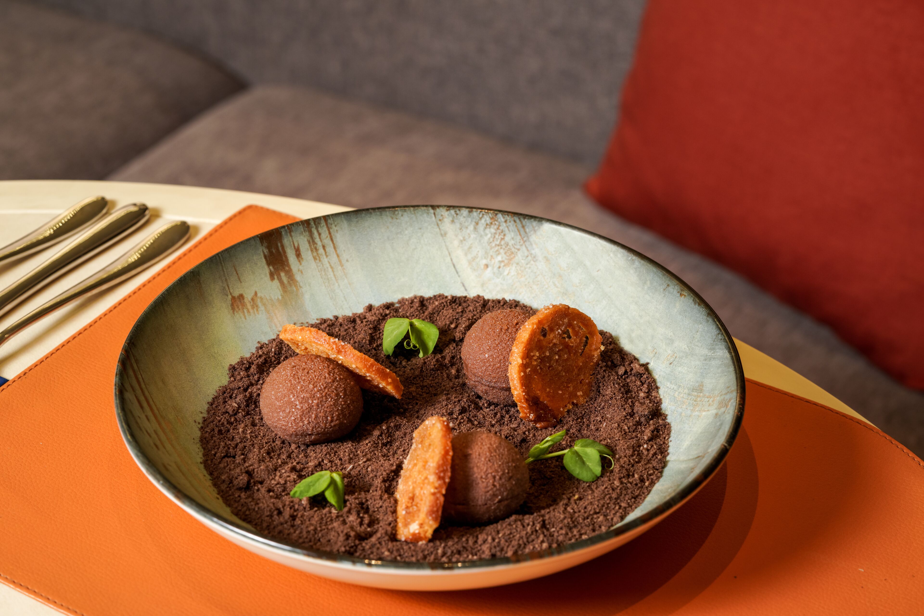 A bowl of dessert with chocolate balls and orange slices on a plate.