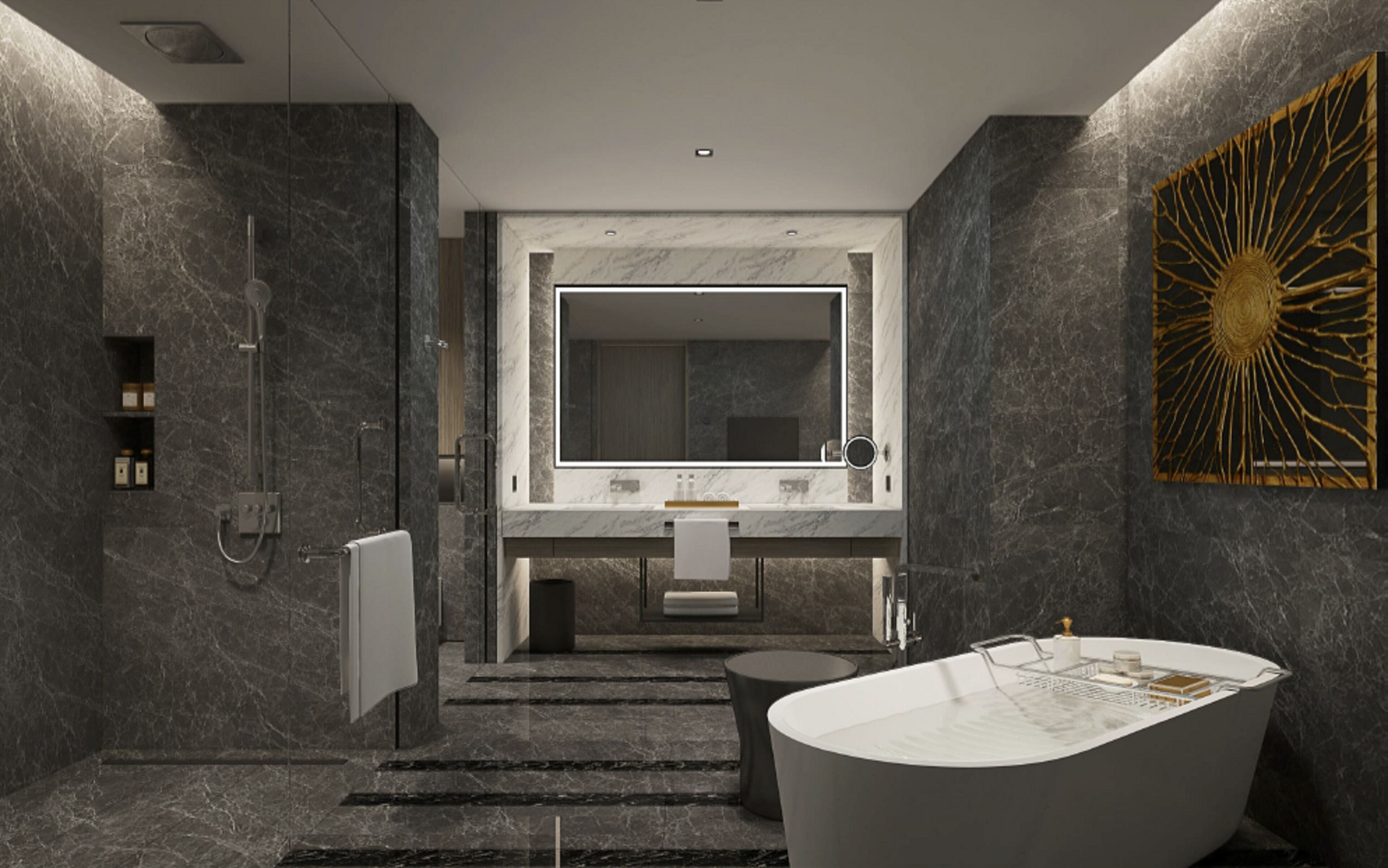 Designer toiletries, hair dryer, bathrobes, slippers