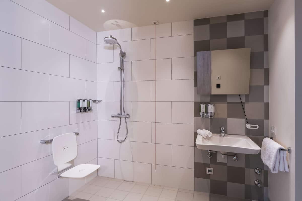 room, 1 queen bed, accessible | bathroom shower