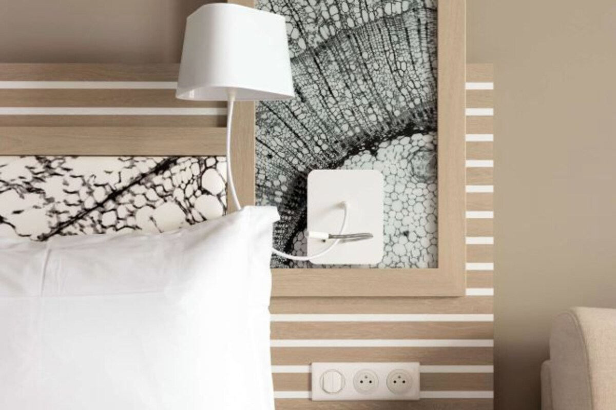 Une chambre d’hôtel avec une tête de lit en bois, une lampe blanche, une estampe botanique encadrée et une prise de courant.