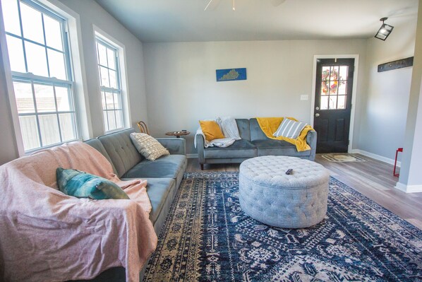 A living room with a sofa, ottoman, and a patterned rug.