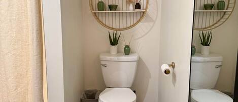 A bathroom with two toilets, a round shelf with plants, a white toilet paper holder, a trash bin, and a wooden floor.