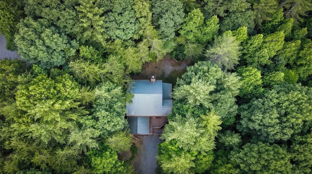 An aerial view of a house surrounded by dense forest.