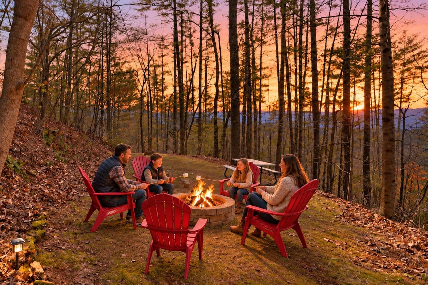 Eine Gruppe von Menschen sitzt in einem Wald an einem Lagerfeuer.
