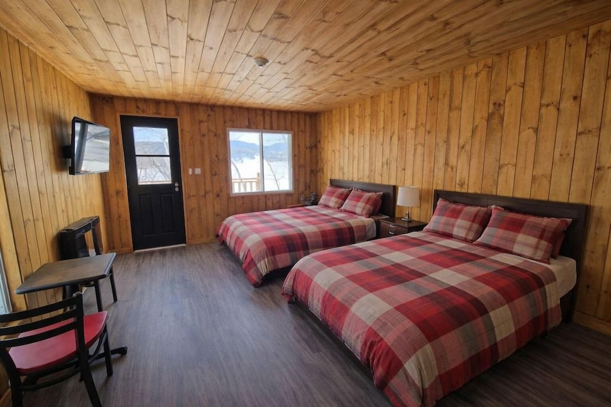 Una habitación con dos camas, televisión, una puerta y una ventana.