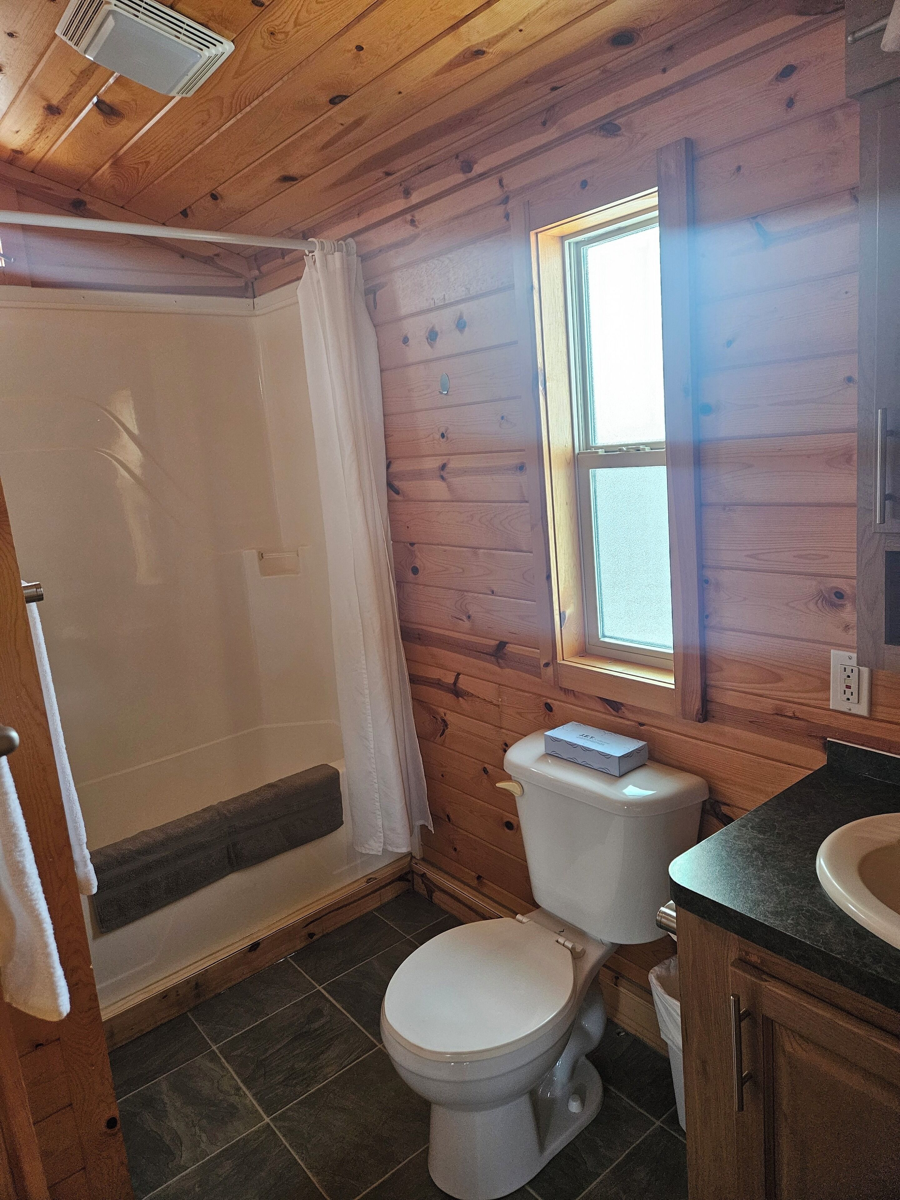 A wooden cabin bathroom with a shower, toilet, and sink.