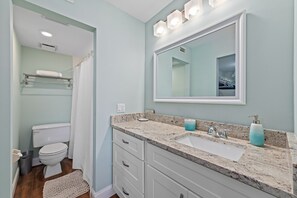 Combined shower/bathtub, hair dryer, towels, toilet paper