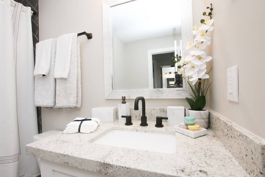Une salle de bain avec un lavabo blanc, un robinet noir et un miroir au-dessus. Des serviettes sont suspendues à un porte-serviettes et une plante aux fleurs blanches est posée sur le comptoir.