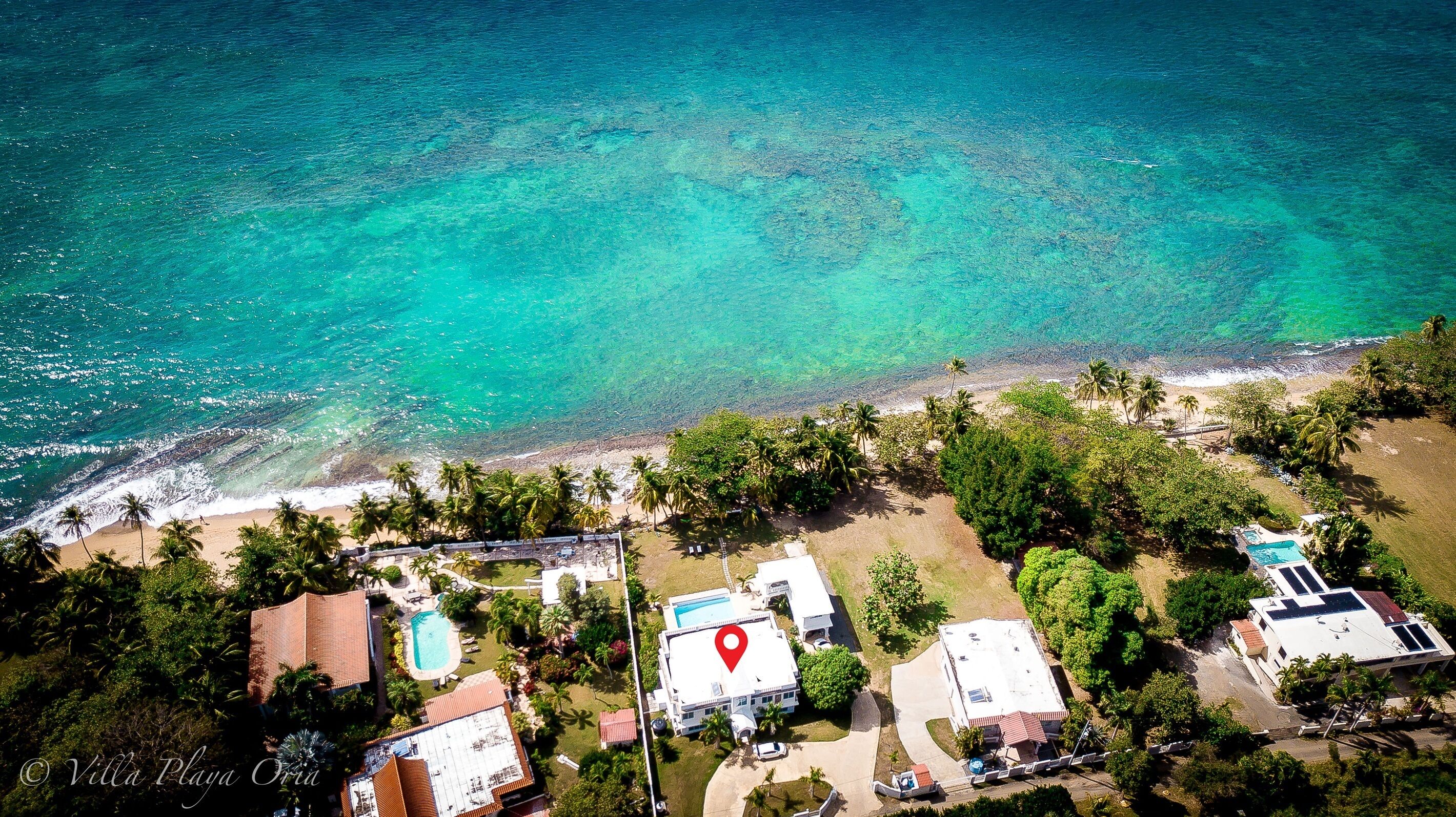 An aerial view of a coastal property with a swimming pool, a beach, and palm trees.