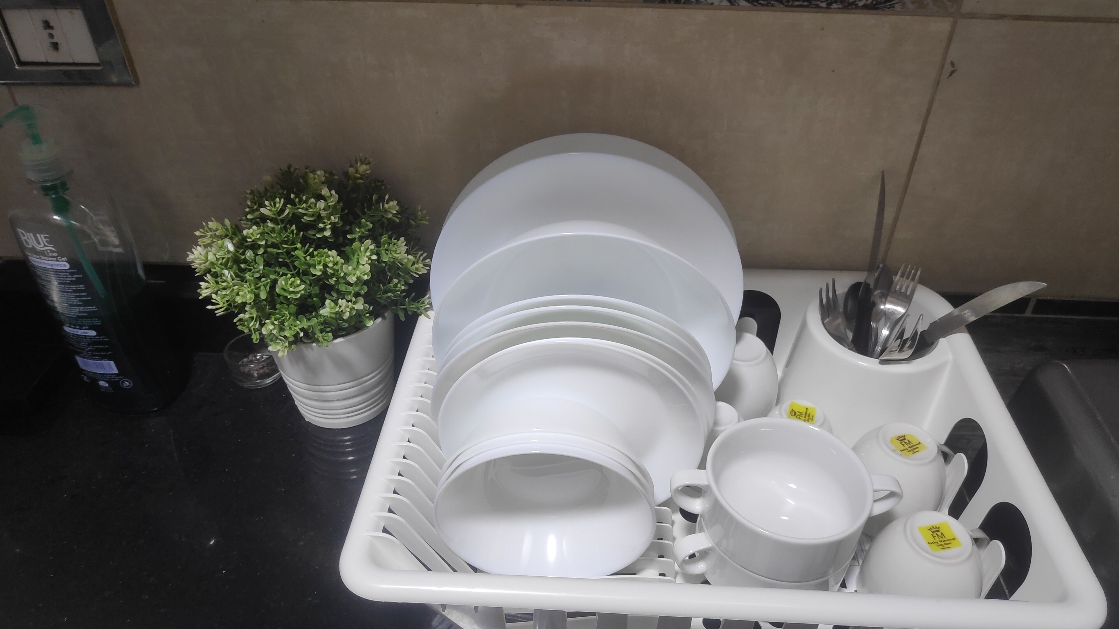 Un coin cuisine avec une pile d’assiettes blanches, un plateau blanc contenant des ustensiles et une plante en pot.