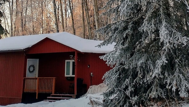 A red cabin with a snow-covered roof, surrounded by trees.