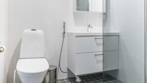 A modern bathroom with a toilet, a sink, and a shower.