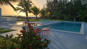 A swimming pool with lounge chairs and a fountain, surrounded by palm trees and greenery.