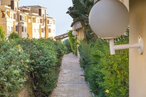 Un sendero estrecho bordeado por abundante vegetación y una hilera de edificios de varios pisos con balcones.
