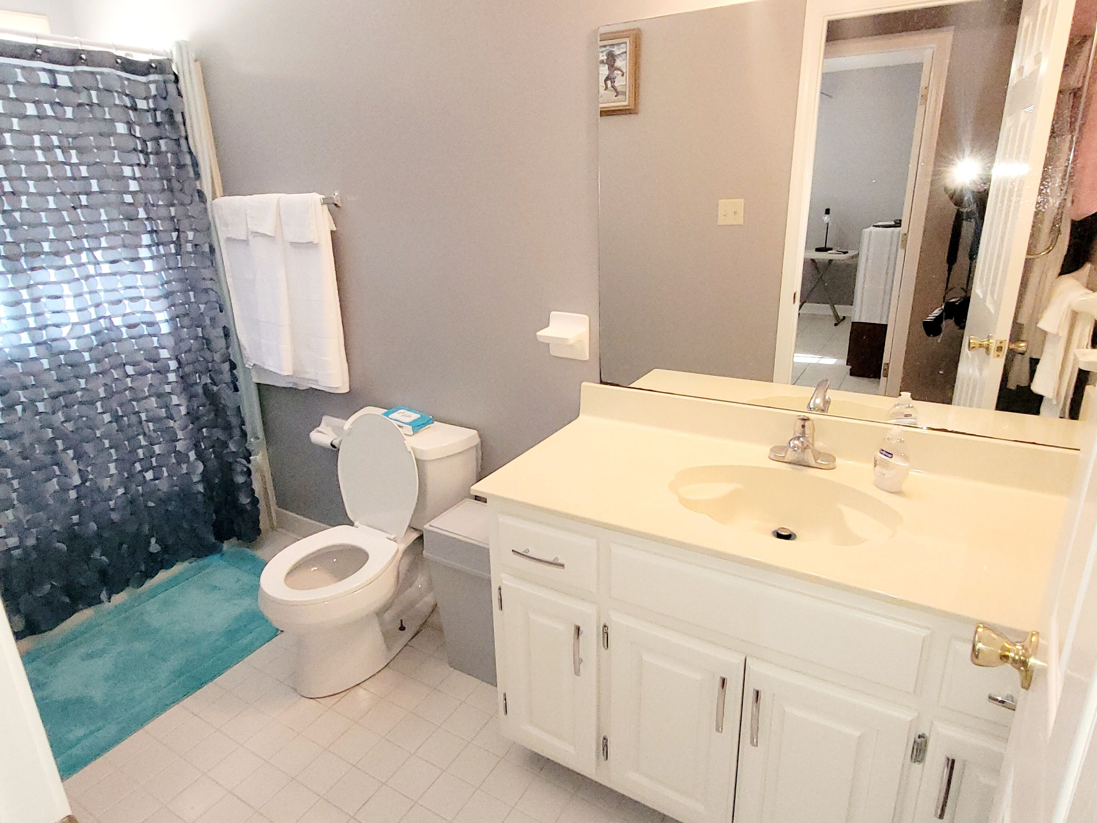 Kombinert dusj/badekar, håndklær, såpe og sjampo